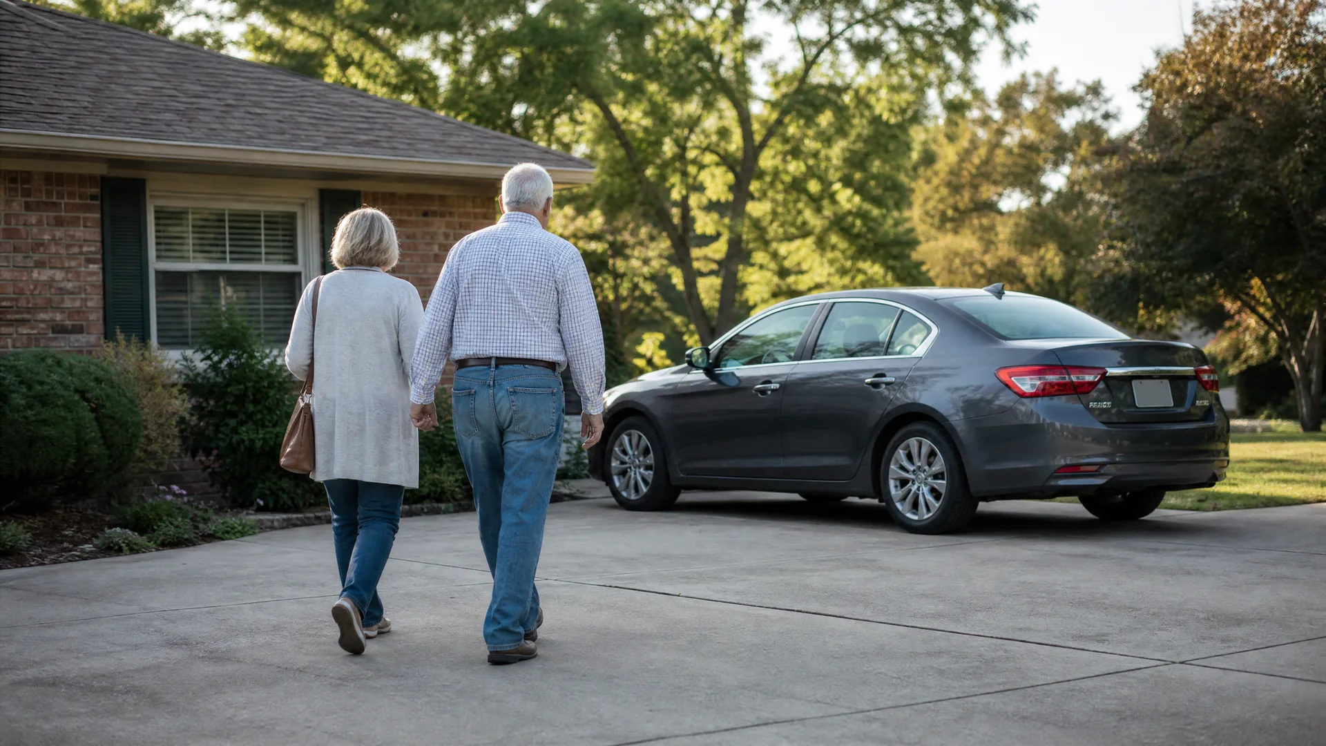 An older couple holding hands walks away from the camera up a concrete driveway beside a brick house, with a dark gray sedan parked nearby under leafy trees.