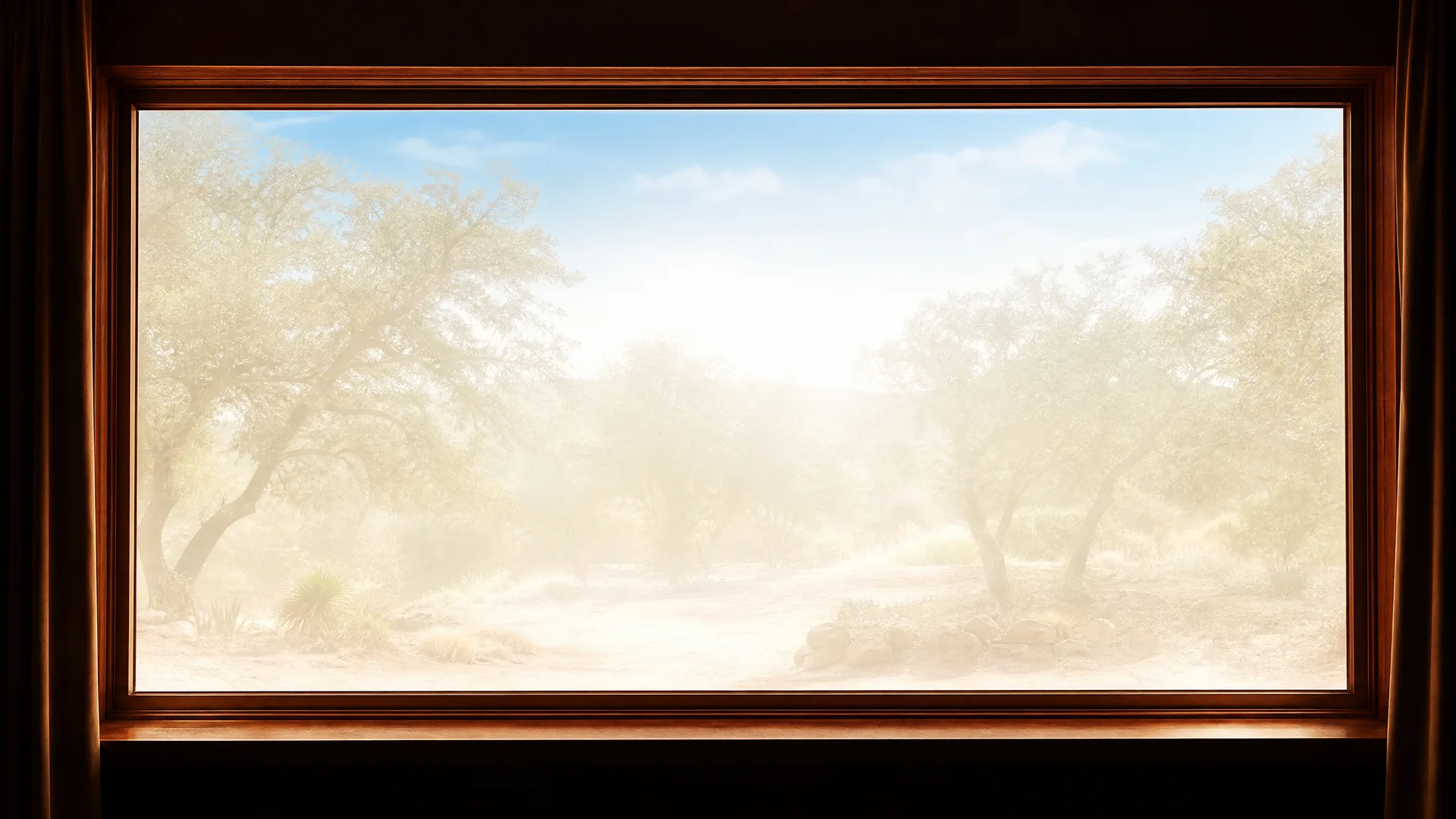 View from a dark interior through a wide wooden-framed window onto a sunlit, washed-out landscape of scattered trees, dry ground and low desert scrub.