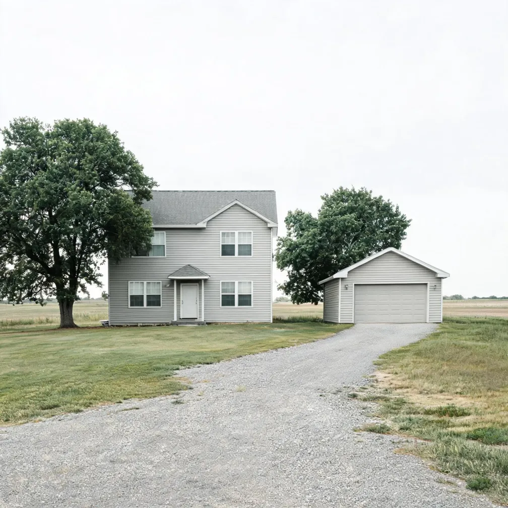 A two-story gray vinyl-sided house with a detached two-car garage on flat open grassland, with a gravel driveway in the foreground and large deciduous trees beside the buildings under an overcast white sky.