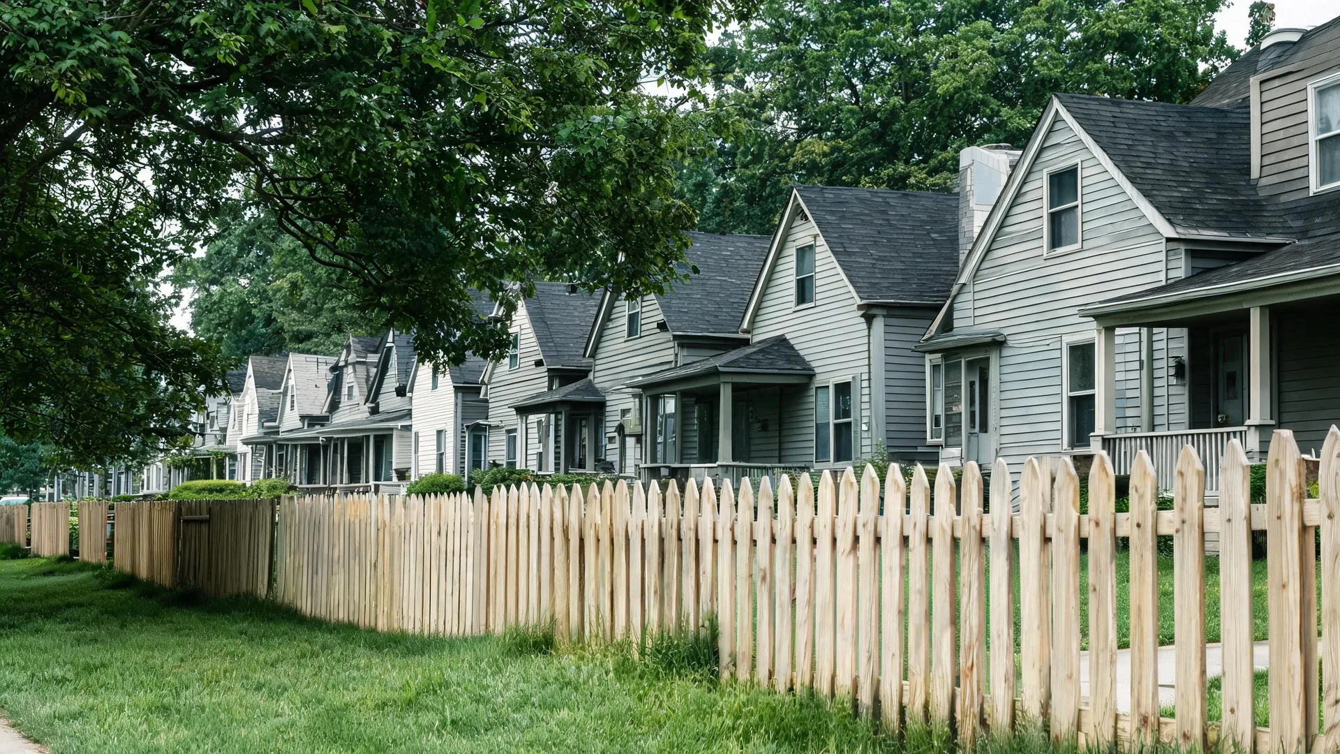 A row of similar gray-sided houses with gabled roofs and front porches behind a new wooden picket fence, with grass and mature trees along the street.