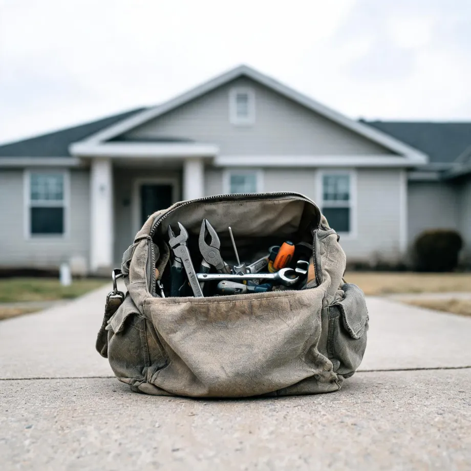 An open, worn canvas tool bag holding pliers, wrenches and screwdrivers sits on a concrete walkway in front of a blurred single-story gray house with light siding.