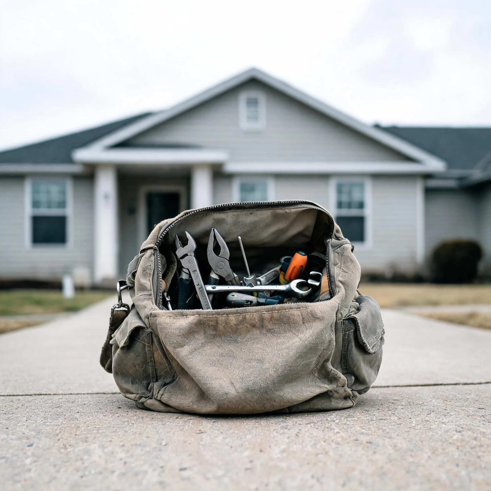 An open, worn canvas tool bag holding pliers, wrenches and screwdrivers sits on a concrete walkway in front of a blurred single-story gray house with light siding.
