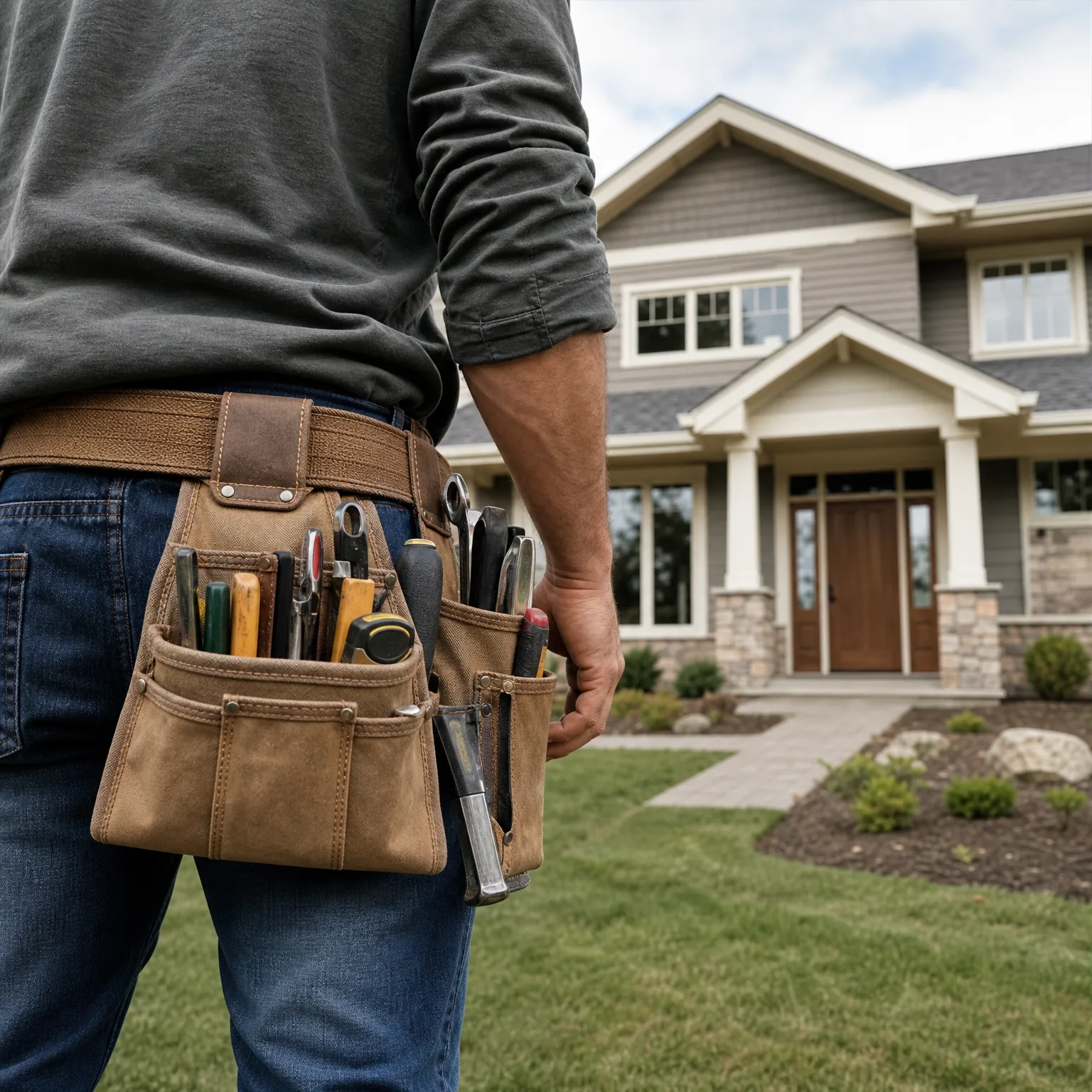 Close view from behind of a person in a dark long-sleeved shirt and jeans wearing a tan leather tool belt filled with hand tools, standing on a lawn in front of a two-story house with gray siding, a covered entry with white columns, and a wooden front door.