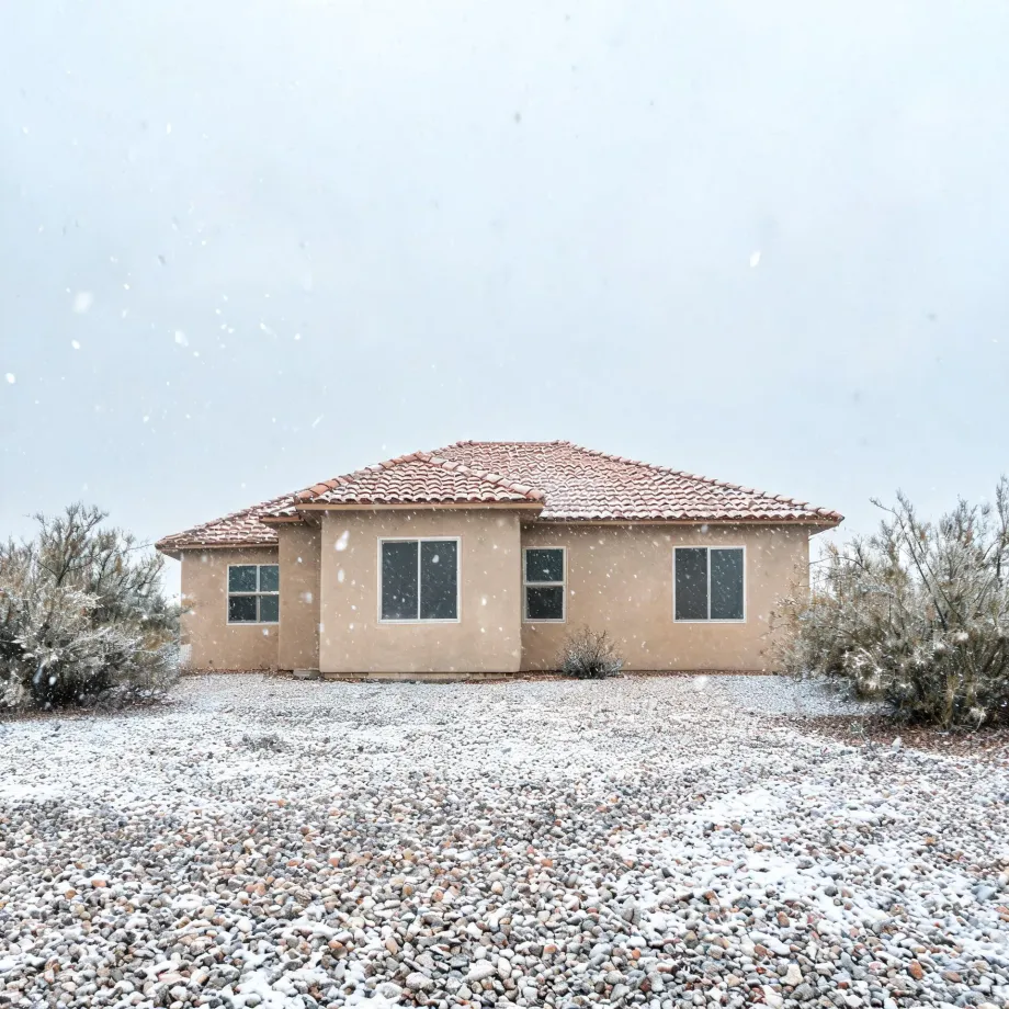 A single-story tan stucco house with a red tile hipped roof during falling snow, surrounded by light snow-dusted gravel ground and desert shrubs under a pale overcast sky.