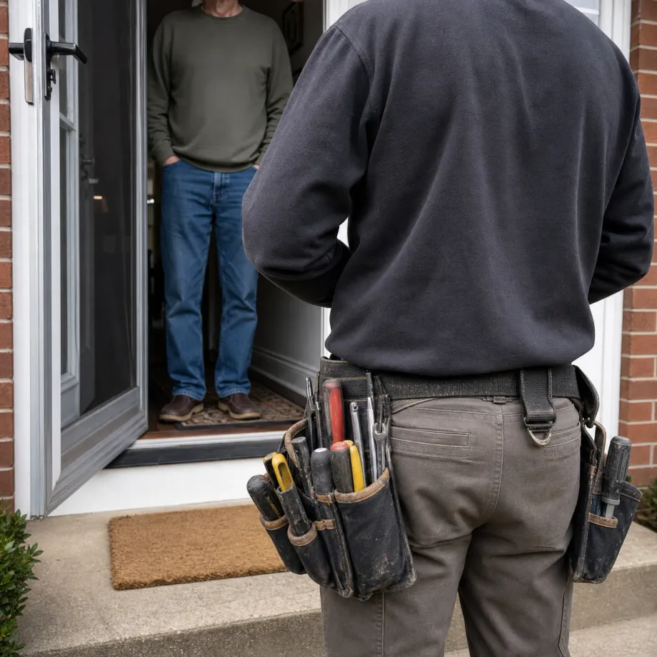 A person seen from behind wearing a dark fleece and a tool belt with screwdrivers stands at an open house door, facing a man in a green sweater and jeans standing inside the doorway.