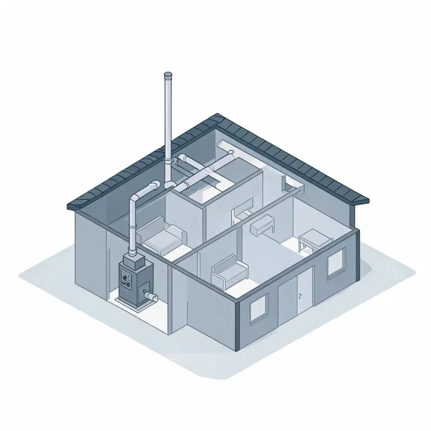 Isometric grayscale illustration of a cutaway single-story house showing interior rooms with furniture, a furnace unit connected to ductwork and a tall vertical flue pipe extending above the roof.