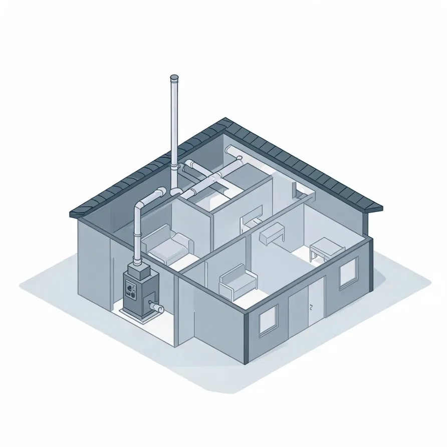 Isometric grayscale illustration of a cutaway single-story house showing interior rooms with furniture, a furnace unit connected to ductwork and a tall vertical flue pipe extending above the roof.