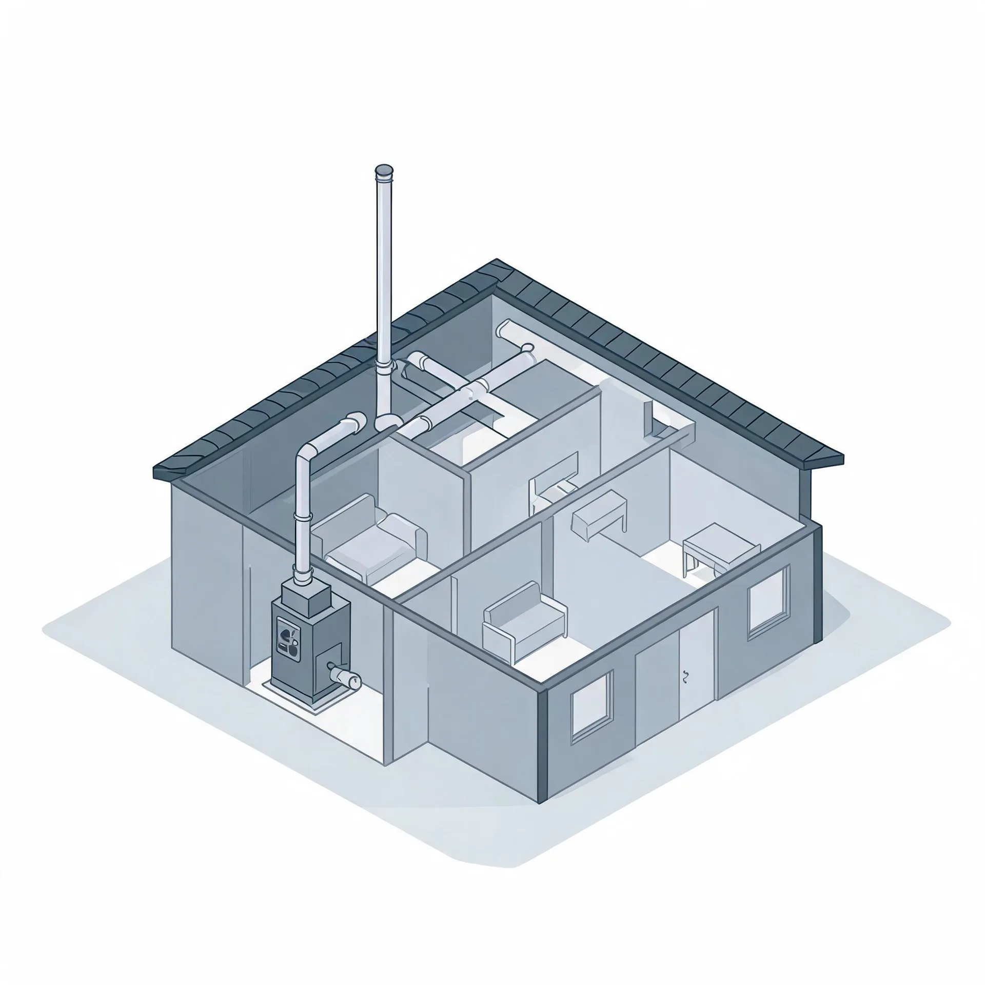 Isometric grayscale illustration of a cutaway single-story house showing interior rooms with furniture, a furnace unit connected to ductwork and a tall vertical flue pipe extending above the roof.