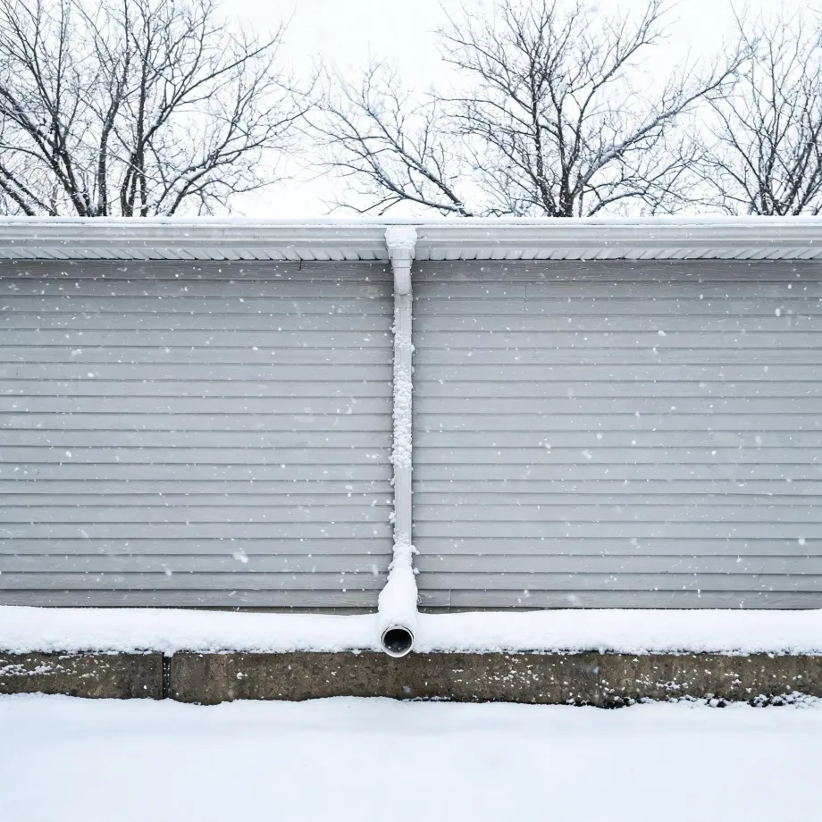 Exterior wall of a house with gray horizontal siding and a snow-covered downspout, with falling snow, bare trees behind the roofline, and snow on the ground and concrete foundation.