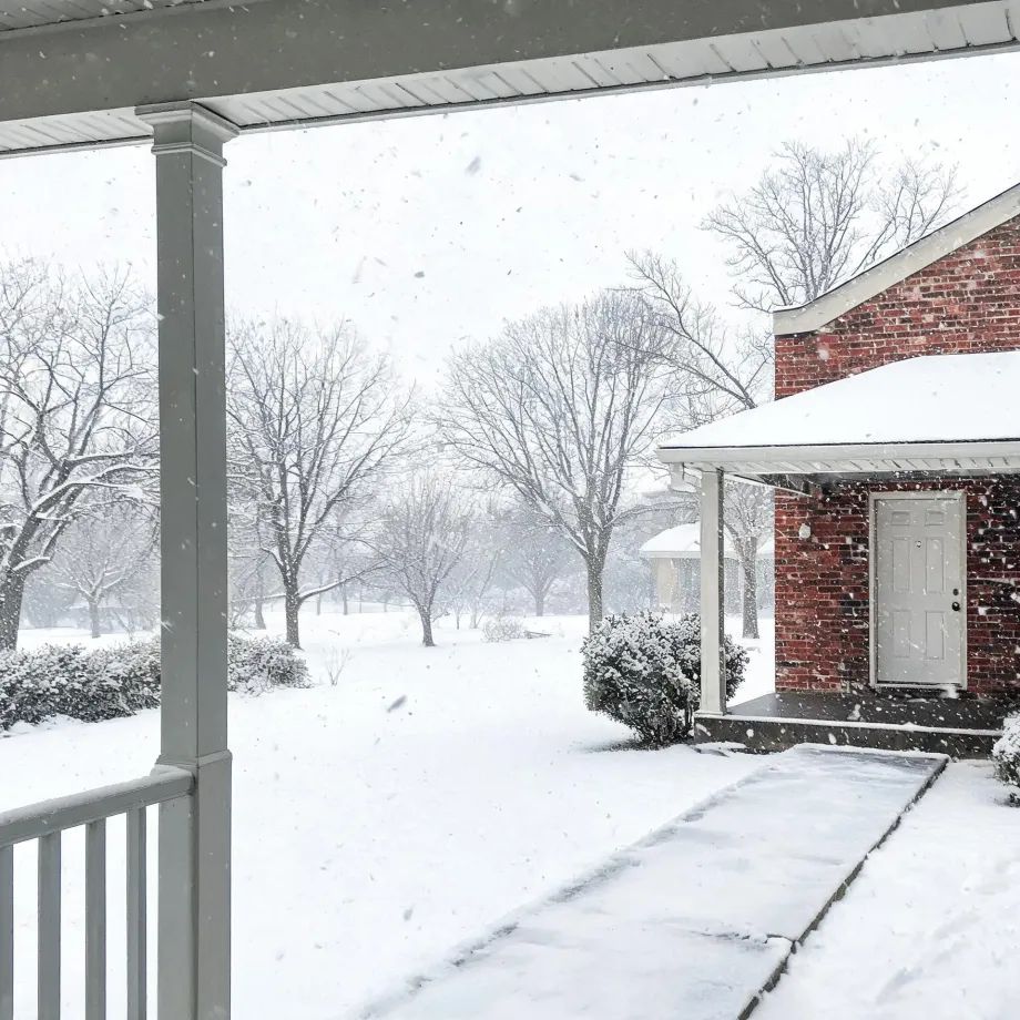View from a covered porch with a white column and railing toward a snow-covered yard, bare trees, and a red brick house with a white door and a partly cleared walkway during falling snow.