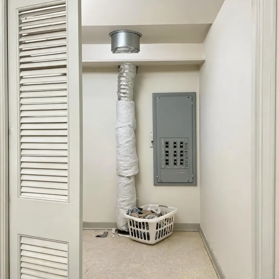 Interior utility alcove with a flexible foil duct running from a ceiling collar down to the floor, partly wrapped in white insulation, beside a gray electrical panel, with a white laundry basket of clothes on the floor and louvered closet doors at left.