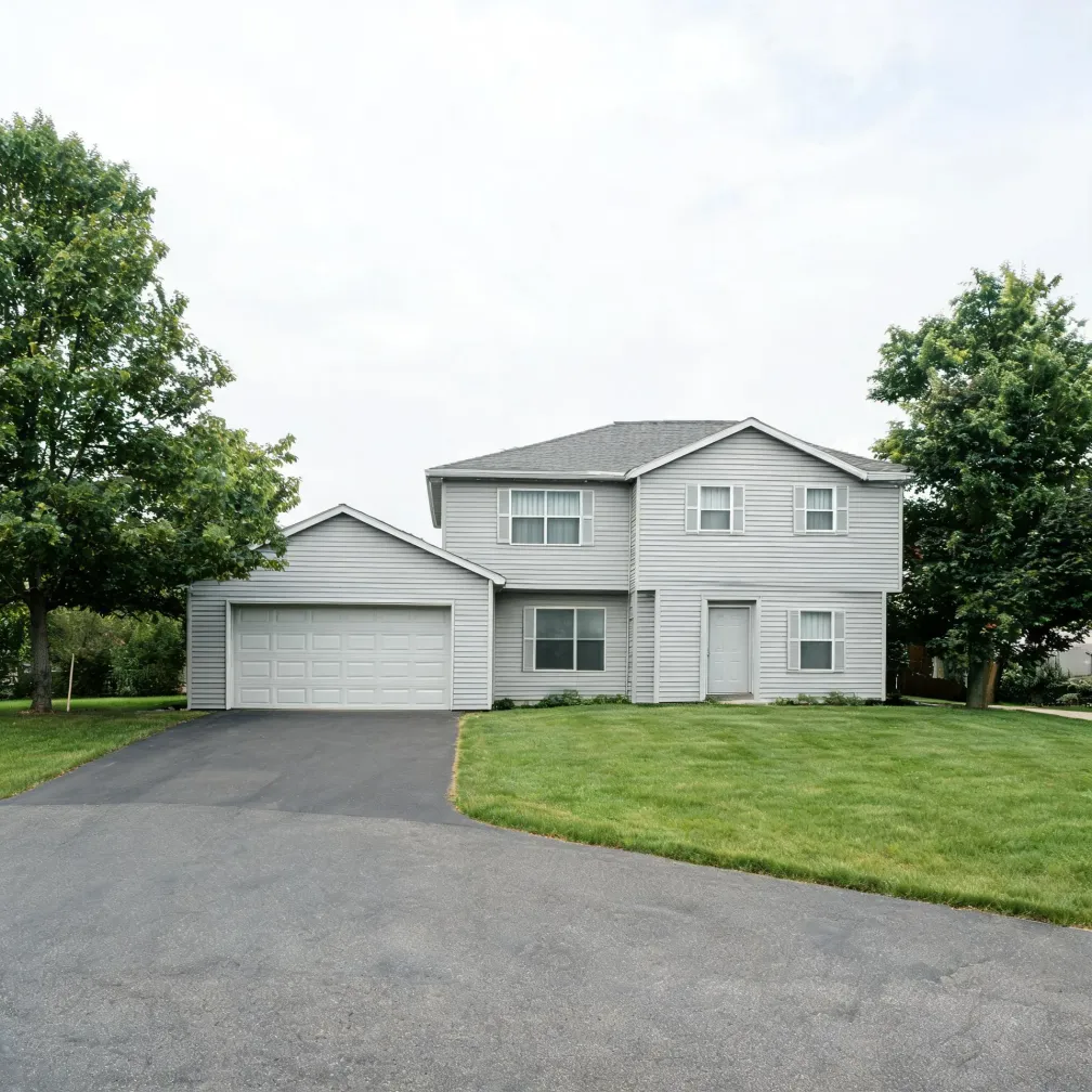 Two-story light gray vinyl-sided house with an attached two-car garage, white door and shuttered windows, fronted by an asphalt driveway, mowed lawn, and deciduous trees under an overcast sky.