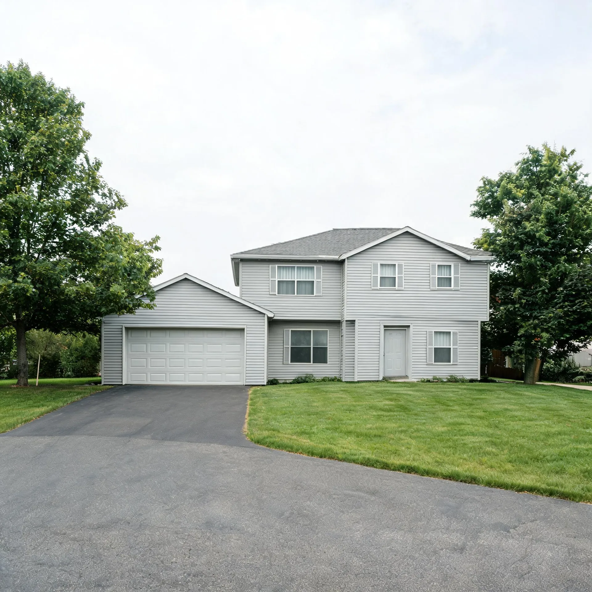 Two-story light gray vinyl-sided house with an attached two-car garage, white door and shuttered windows, fronted by an asphalt driveway, mowed lawn, and deciduous trees under an overcast sky.