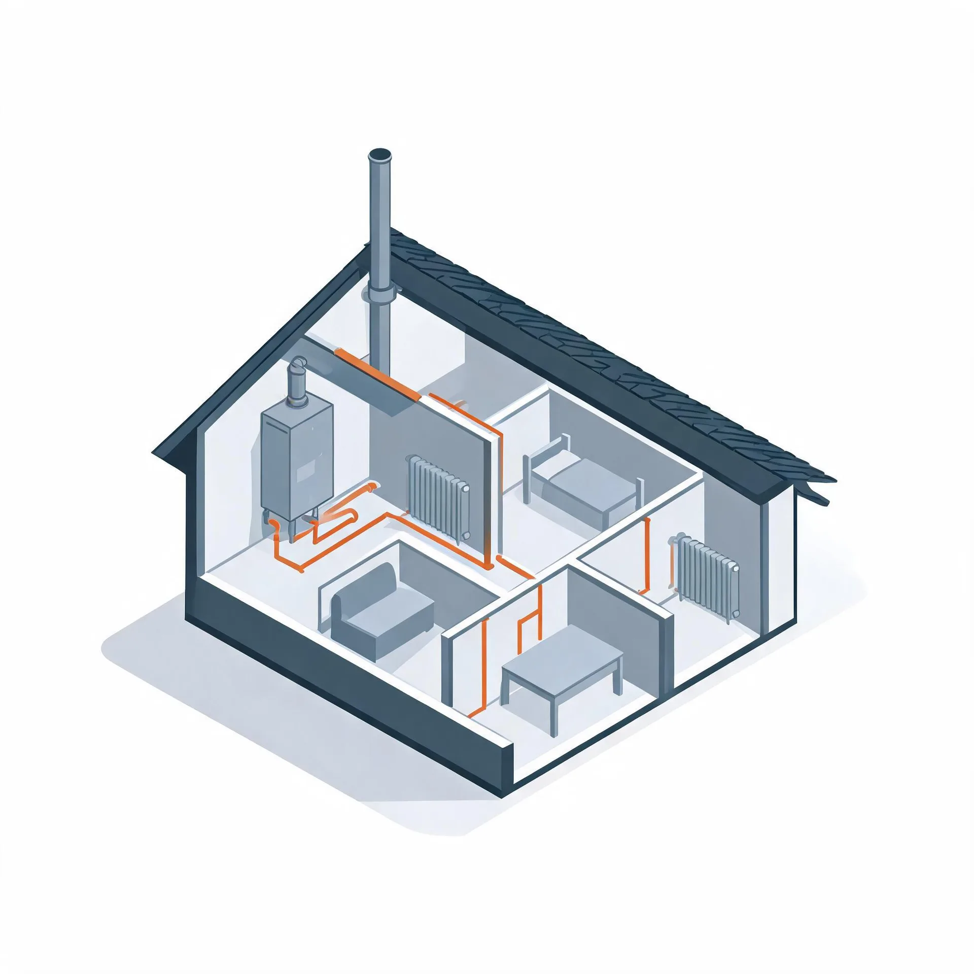 Isometric cutaway illustration of a house showing a wall-mounted boiler with a flue pipe, orange heating pipes running to radiators, and simple furniture in several rooms.