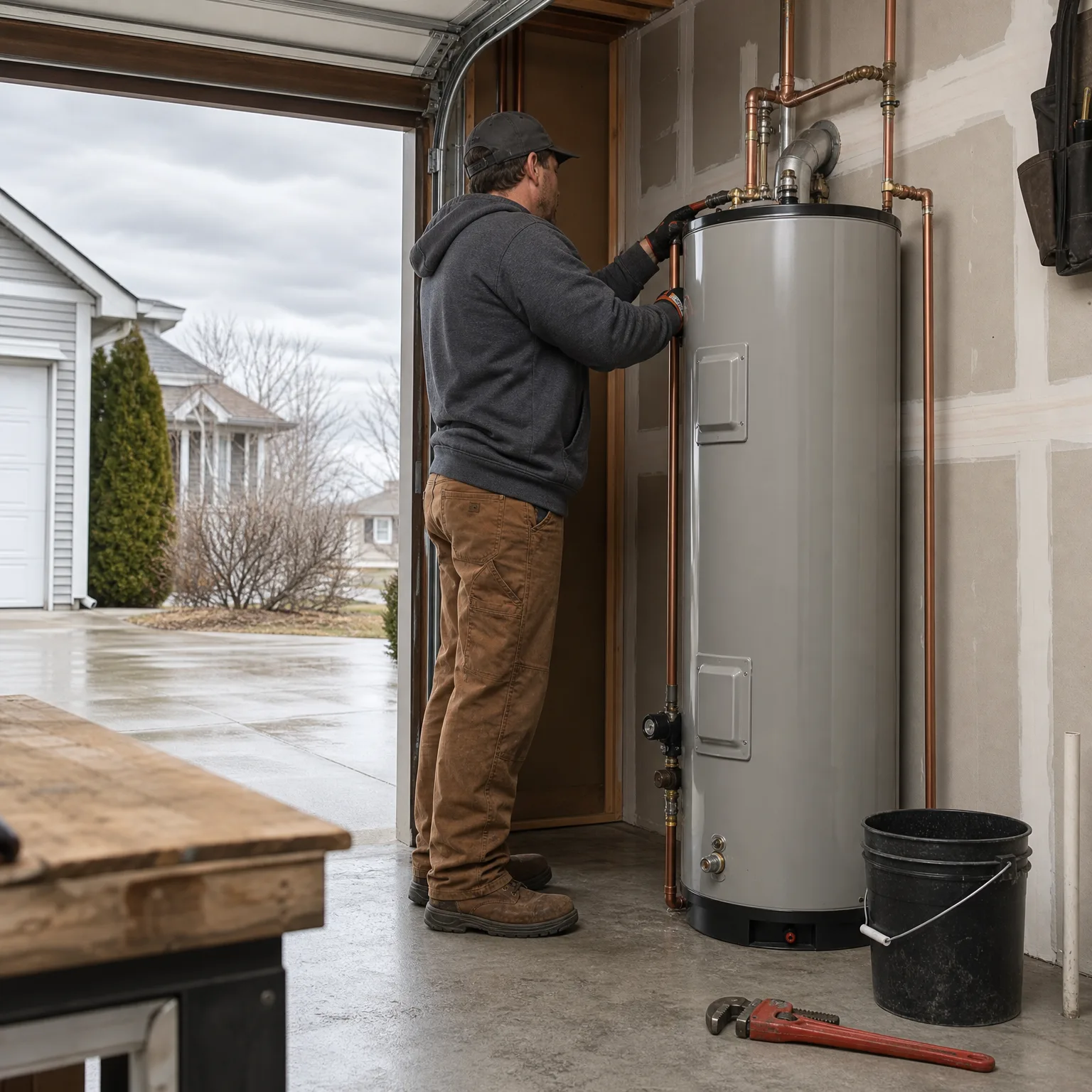 A man in a gray hoodie and brown work pants works on copper piping above a gray water heater in an open garage, with a black bucket and a pipe wrench on the concrete floor.