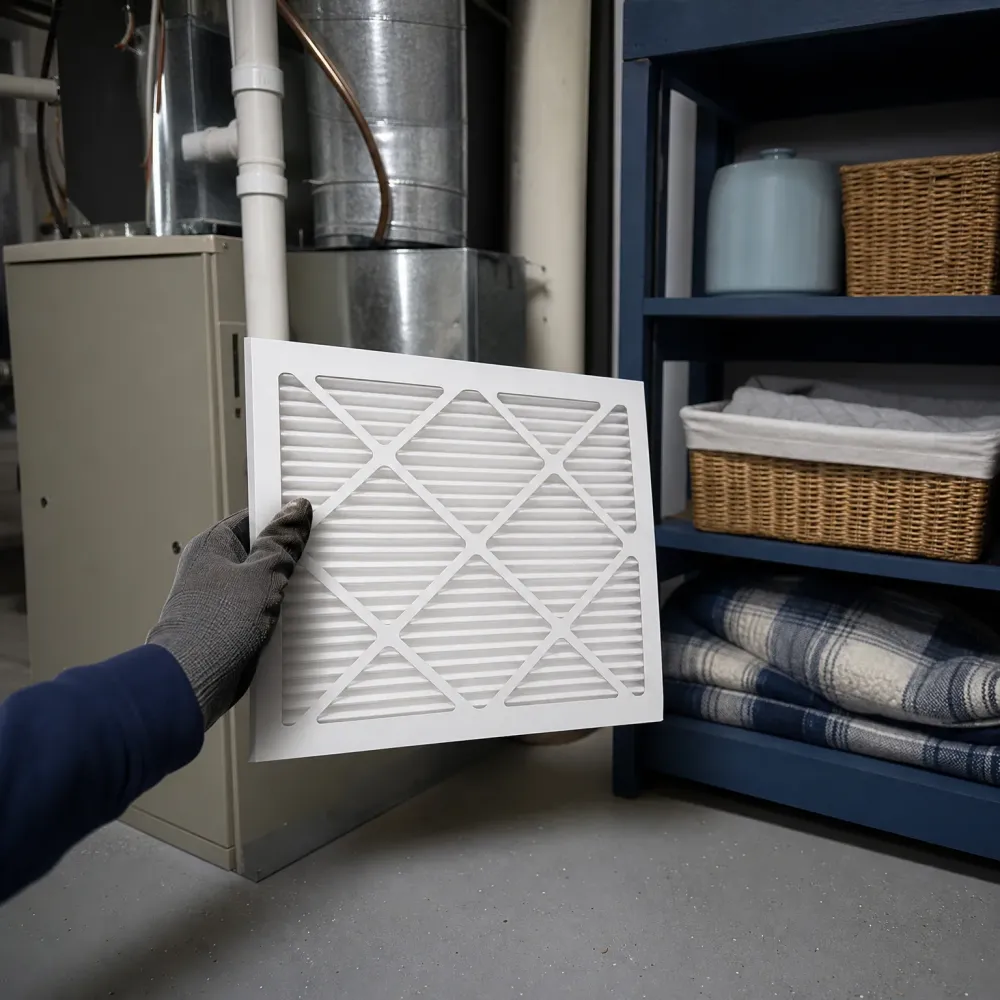 A gloved hand holds a white pleated air filter in front of a furnace and ductwork in a basement, beside a blue shelving unit holding baskets and folded plaid blankets.