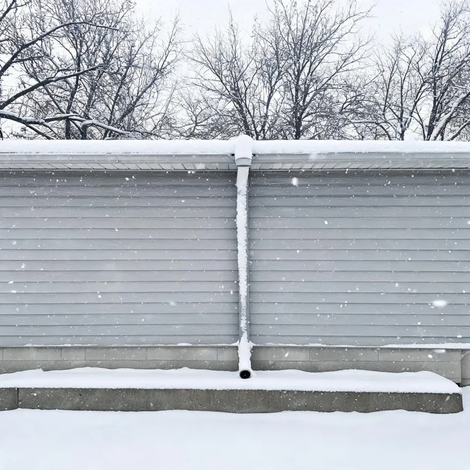 Gray horizontal siding on a building wall with a snow-covered downspout running down its center, a concrete block foundation and step below, bare trees behind the roofline, and snow falling.