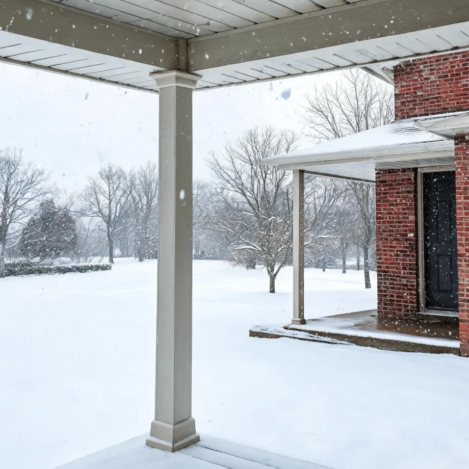 View from beneath a covered porch with a square white column toward a snow-covered lawn and bare trees, with a red brick wall and dark door under a small roof at right during falling snow.