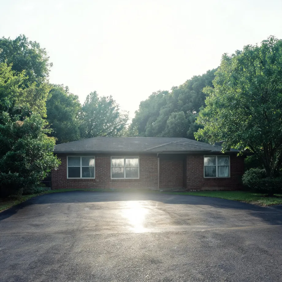 A single-story red brick house with a gray shingled roof and white-framed windows, fronted by a large empty asphalt driveway with sun glare, surrounded by dense green trees under a bright hazy sky.