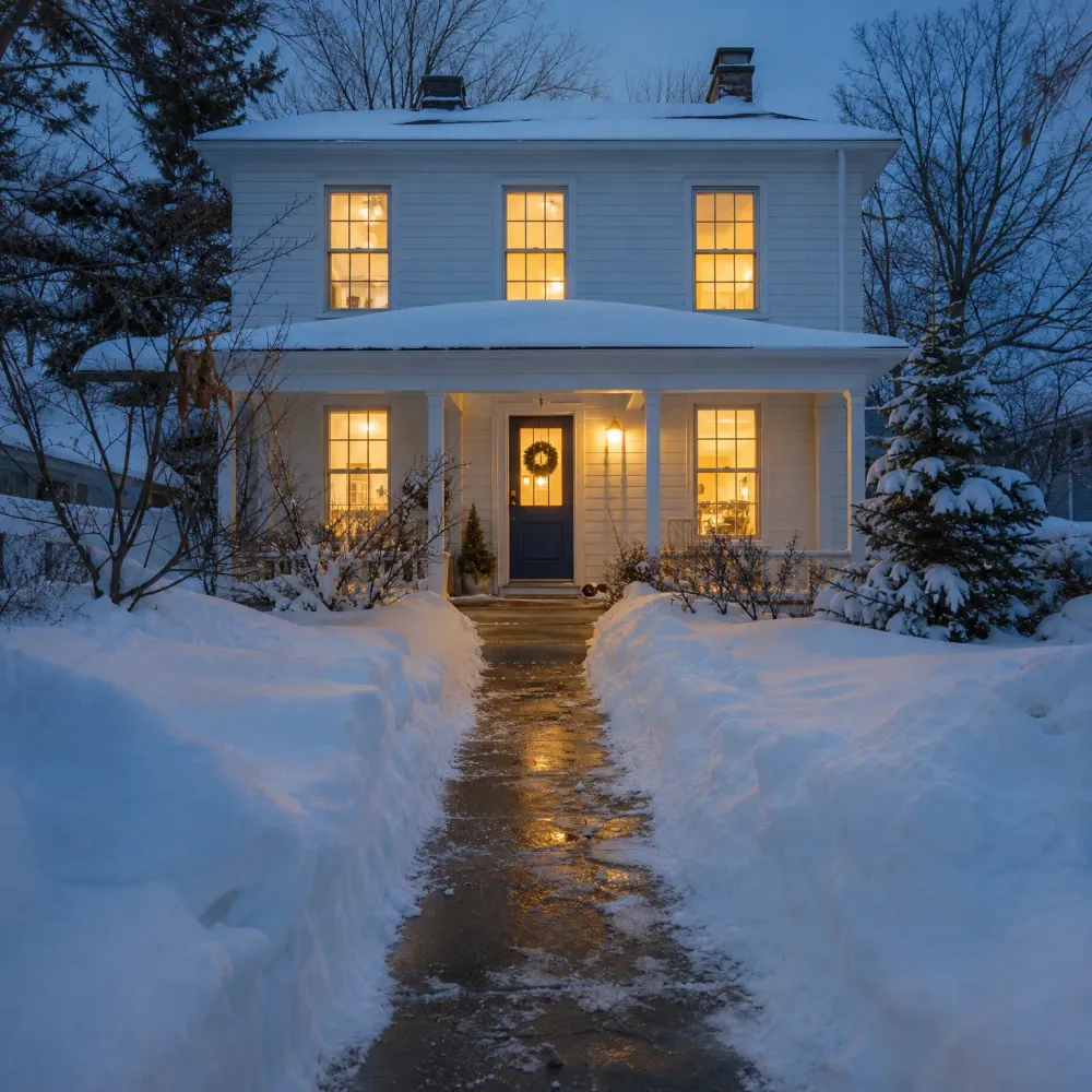 A two-story white clapboard house with lit windows and a wreath on the front door at dusk, with a shoveled wet walkway between deep snowbanks leading to the porch.