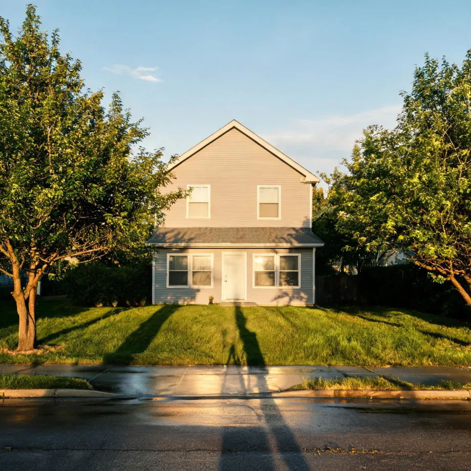 A two-story house with light horizontal siding, a gabled roof and a white front door, set on a grassy lawn between two leafy trees, with a wet street and sidewalk in the foreground under low sunlight.