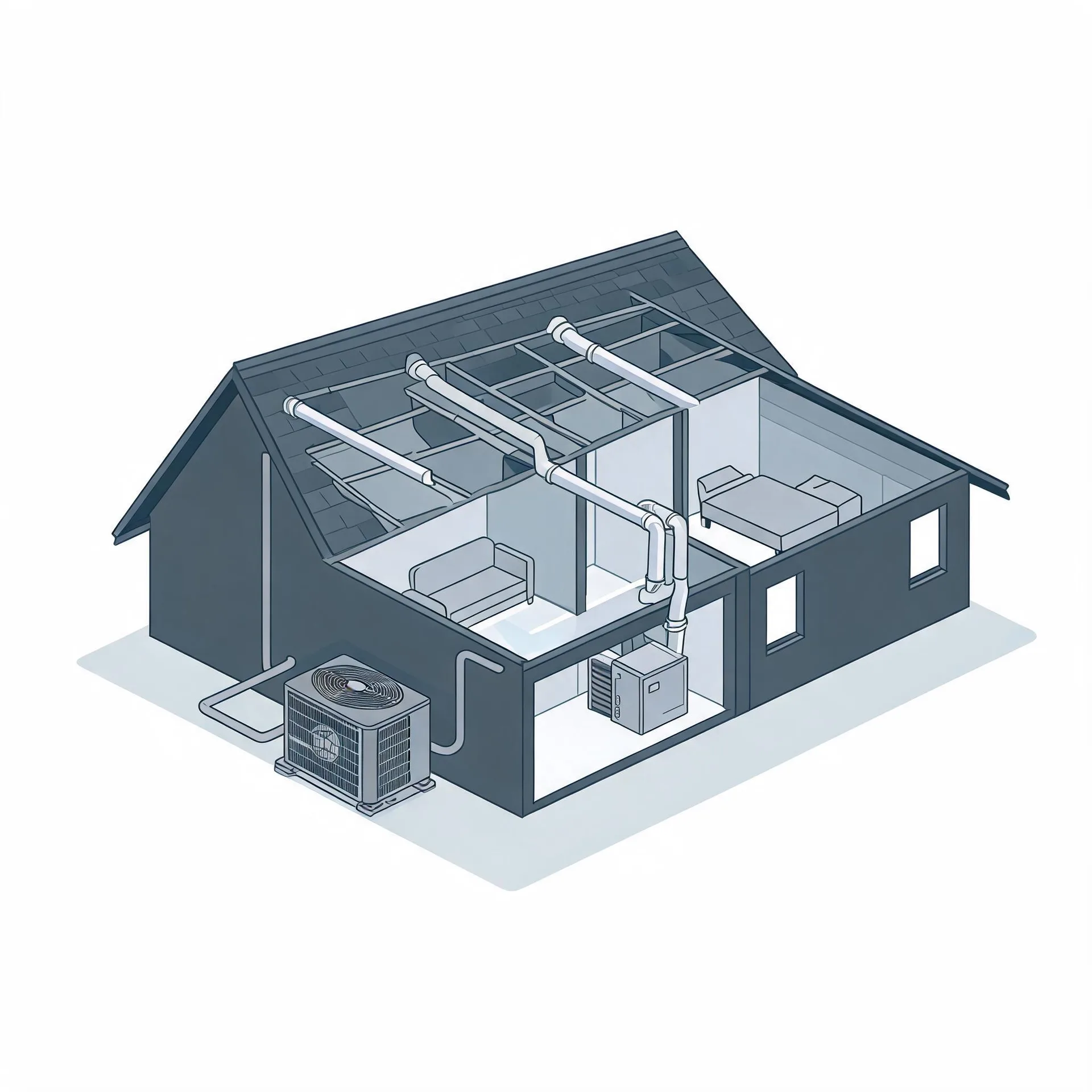 Isometric cutaway illustration of a single-story house showing interior rooms with furniture, overhead ductwork, an indoor air handler unit, and an outdoor condenser unit connected by lines at the side of the building.