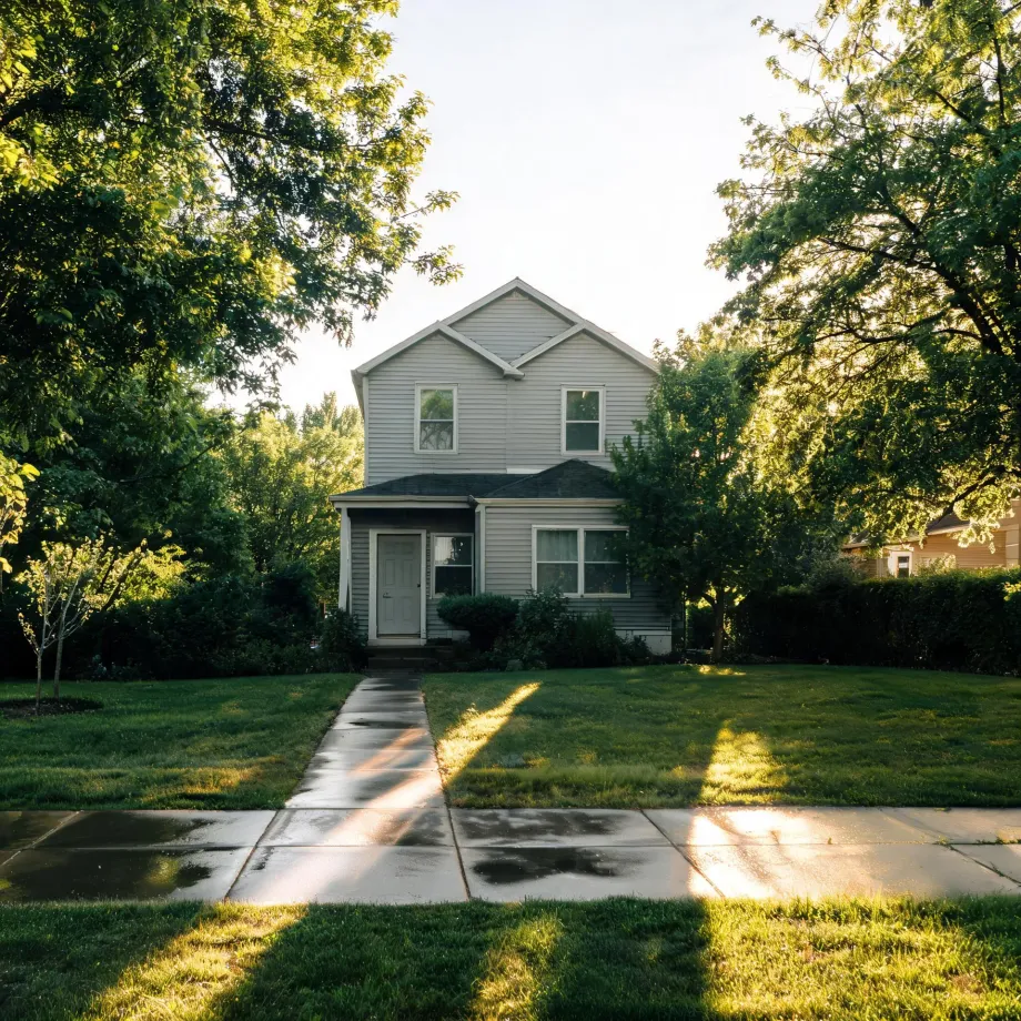 A two-story light gray house with white-trimmed windows and a small front porch, framed by leafy trees, with a wet concrete walkway crossing a green lawn to a sidewalk in the foreground.