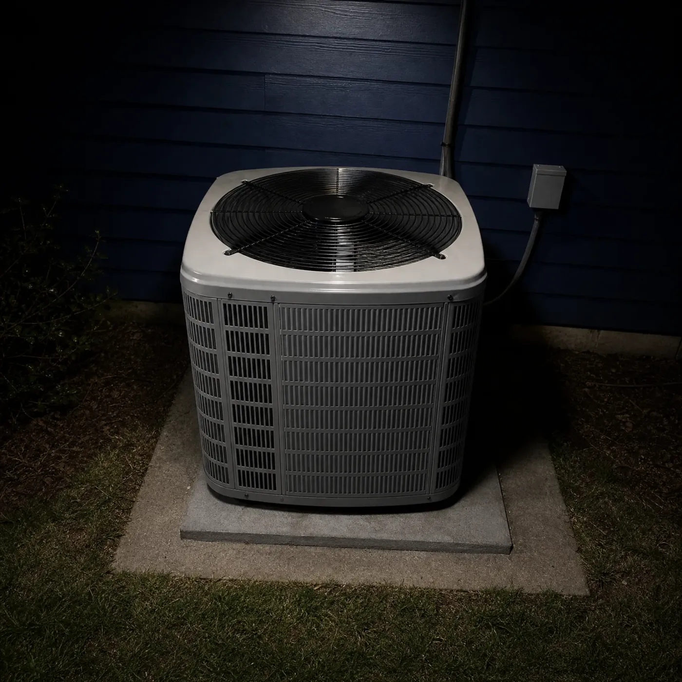 An outdoor air conditioner condenser unit on a concrete pad beside a dark blue horizontal-siding wall at night, with conduit and a small electrical box on the wall and grass surrounding the pad.