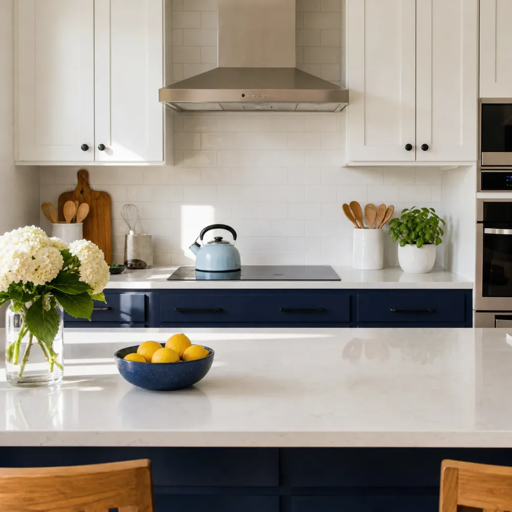 Kitchen interior with white upper cabinets, navy lower cabinets, stainless range hood over a cooktop, white subway tile backsplash, and a light countertop island holding a bowl of lemons and a vase of white hydrangeas.