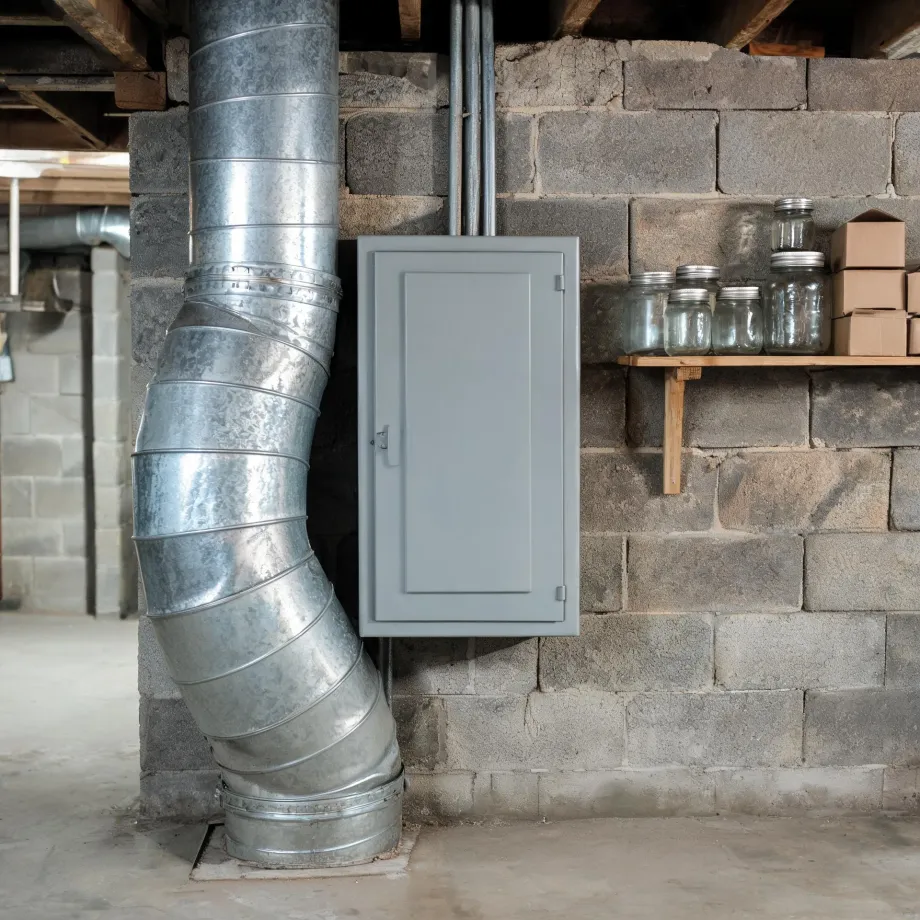 A basement with concrete block walls, a large galvanized metal duct running from the ceiling to the floor, a gray electrical panel box mounted on the wall, and a wooden shelf holding glass jars and small cardboard boxes.