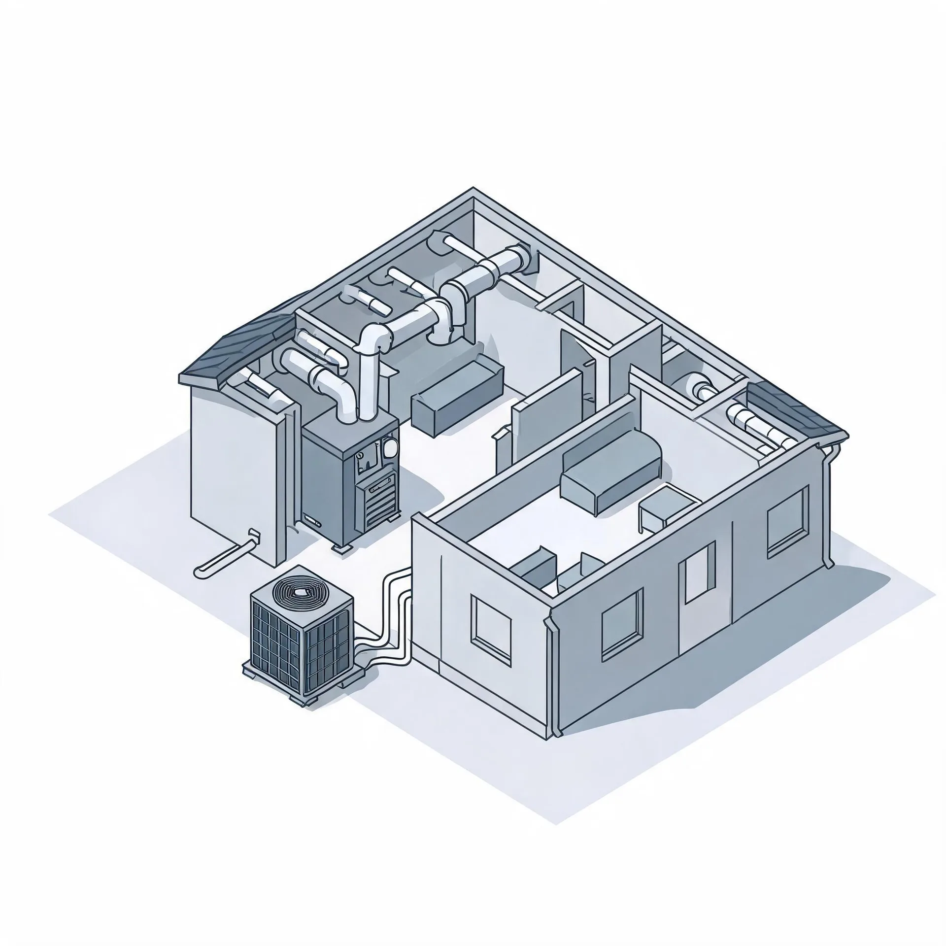 Isometric line illustration of a cutaway house showing interior rooms, ceiling ductwork, an indoor air handler unit, and an outdoor condenser connected by lines along the exterior wall.