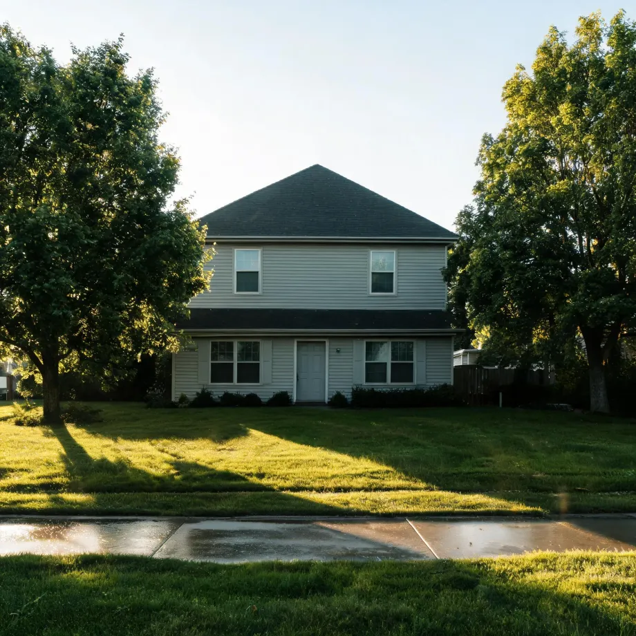 A two-story house with light horizontal siding and a dark hipped roof, flanked by large deciduous trees, seen across a mown lawn and wet sidewalk in low sunlight.
