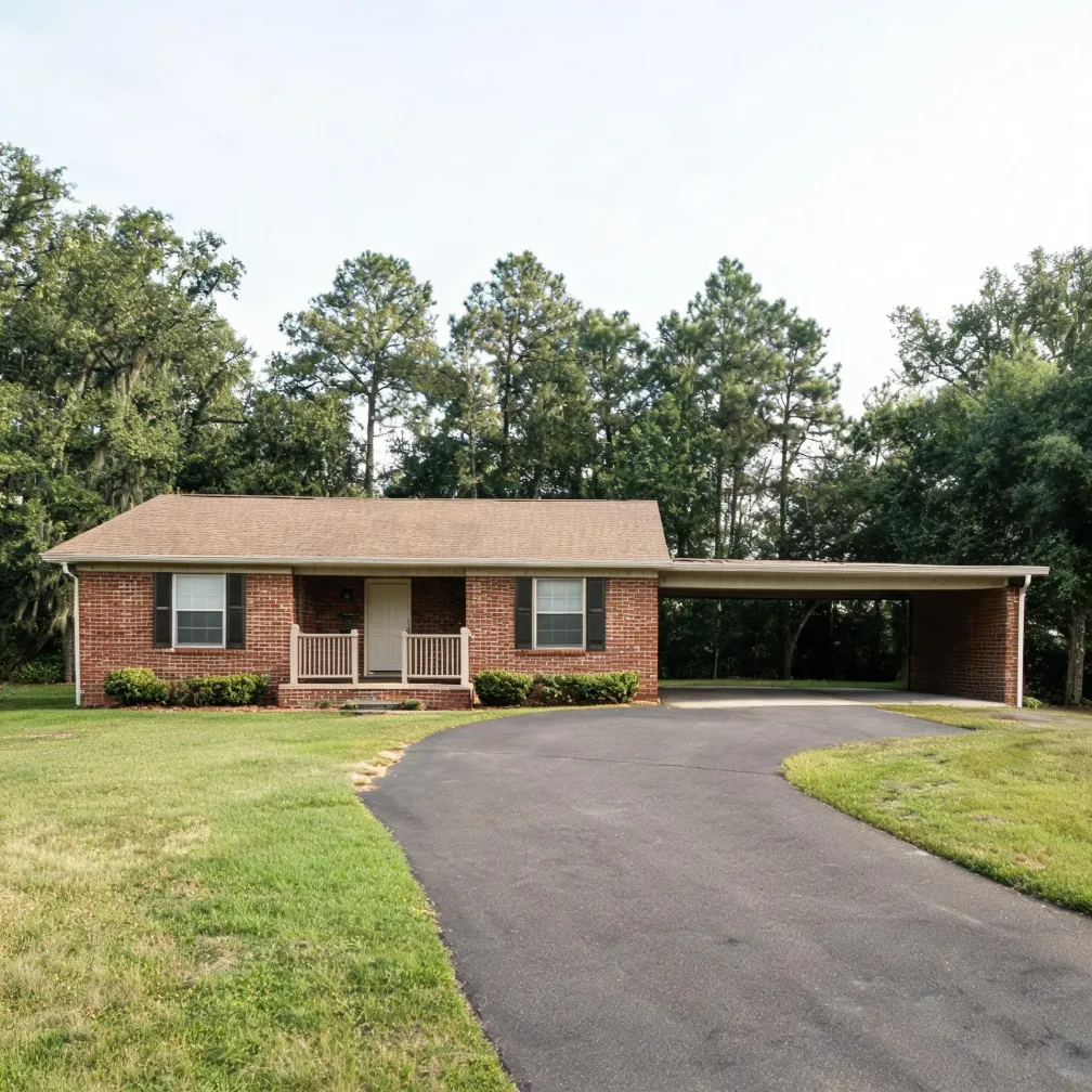 Single-story red brick house with a shingled roof, small covered front porch, dark shutters, and an attached carport, fronted by a curving asphalt driveway and mowed lawn with tall trees behind.