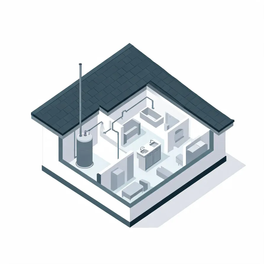 Isometric cutaway illustration of a single-story house with a dark shingled roof, showing interior rooms with furniture, a bathtub, sinks, pipes, and a cylindrical water heater with a vent pipe extending through the roof.