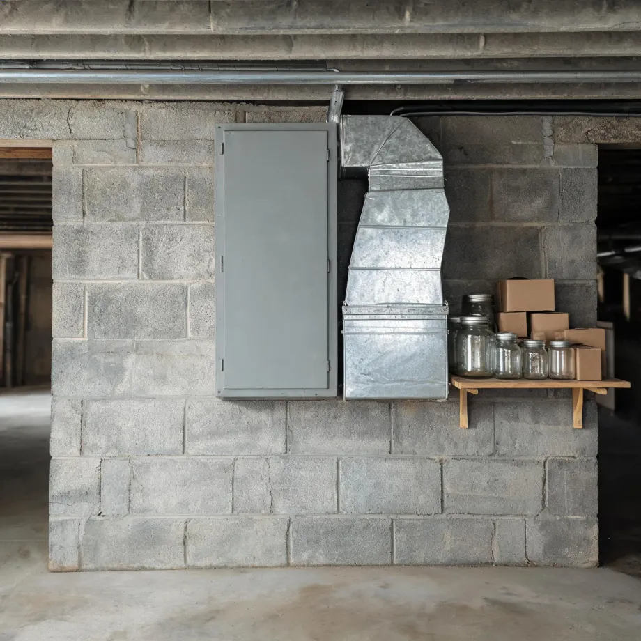 A concrete block basement wall with a gray metal electrical panel door, galvanized sheet-metal ductwork, and a small wooden shelf holding glass jars and cardboard boxes, below exposed ceiling beams and pipes.