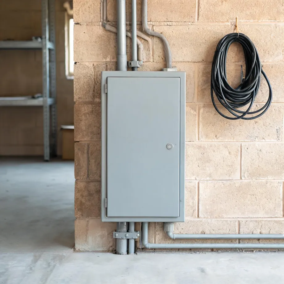 A gray metal electrical panel box mounted on a tan concrete block wall with conduit pipes running above and below it, and a coiled black cable hanging on a hook to the right.