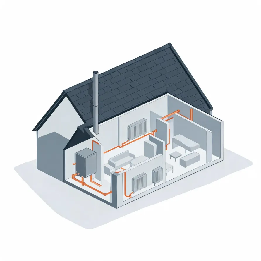 Isometric cutaway illustration of a single-storey house showing a boiler with flue, orange heating pipes running through rooms, and several radiators alongside simple furniture.
