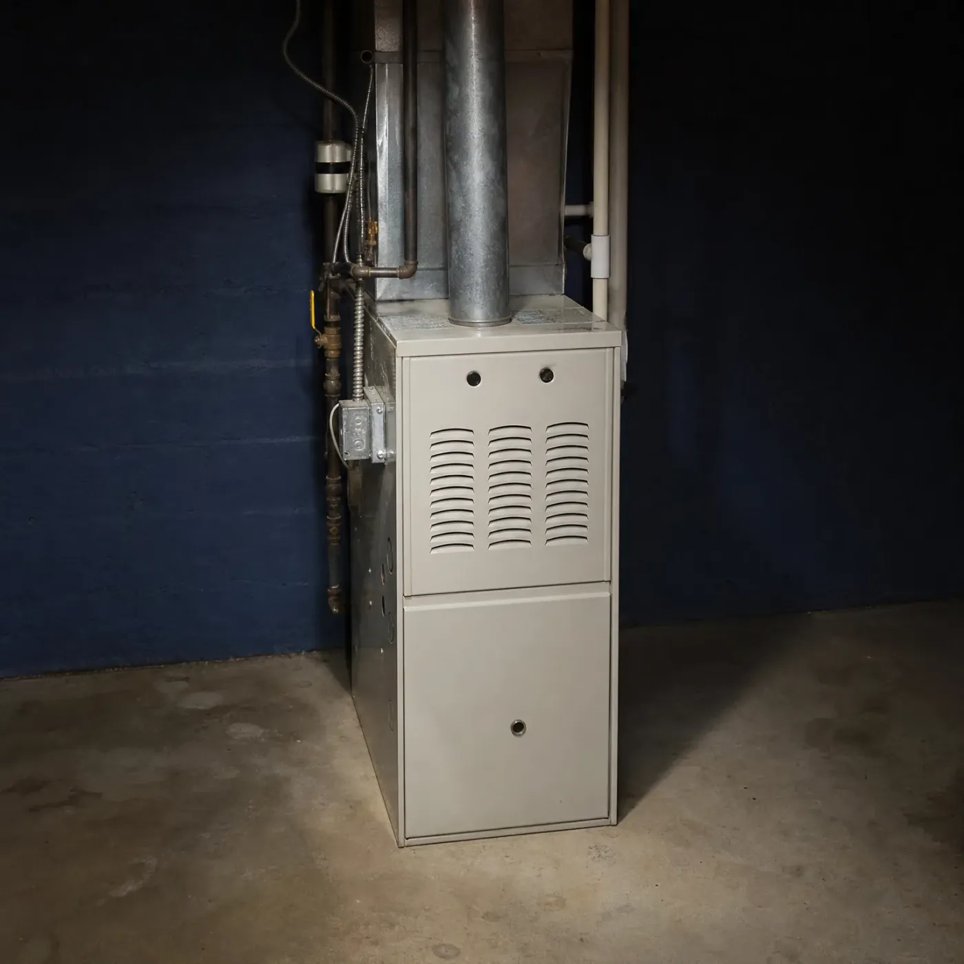 A beige gas furnace with a louvered upper panel stands on a concrete floor against a dark blue wall, with a metal flue pipe and gas and electrical lines running up beside it.