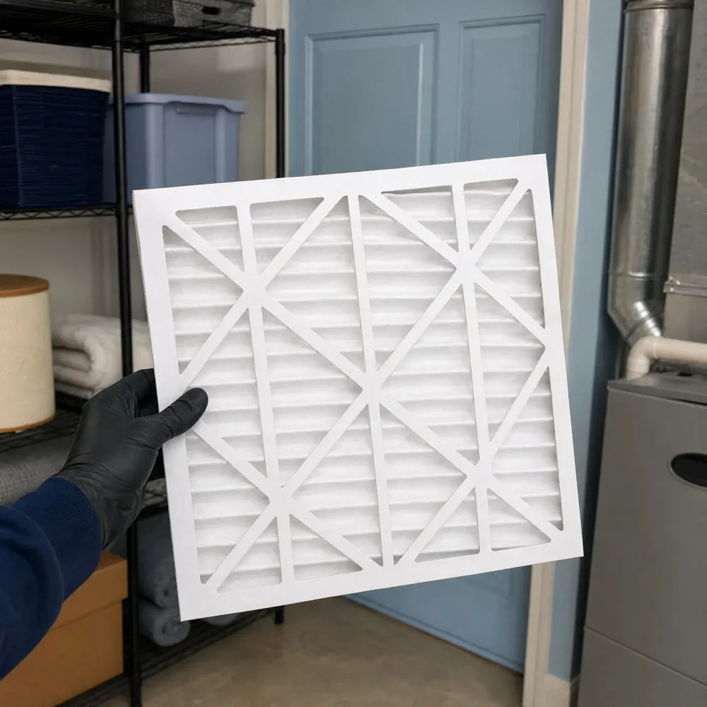 A gloved hand holds a white pleated air filter in front of a utility room with wire shelving, storage bins, towels, a blue door, and metal ductwork beside a furnace.