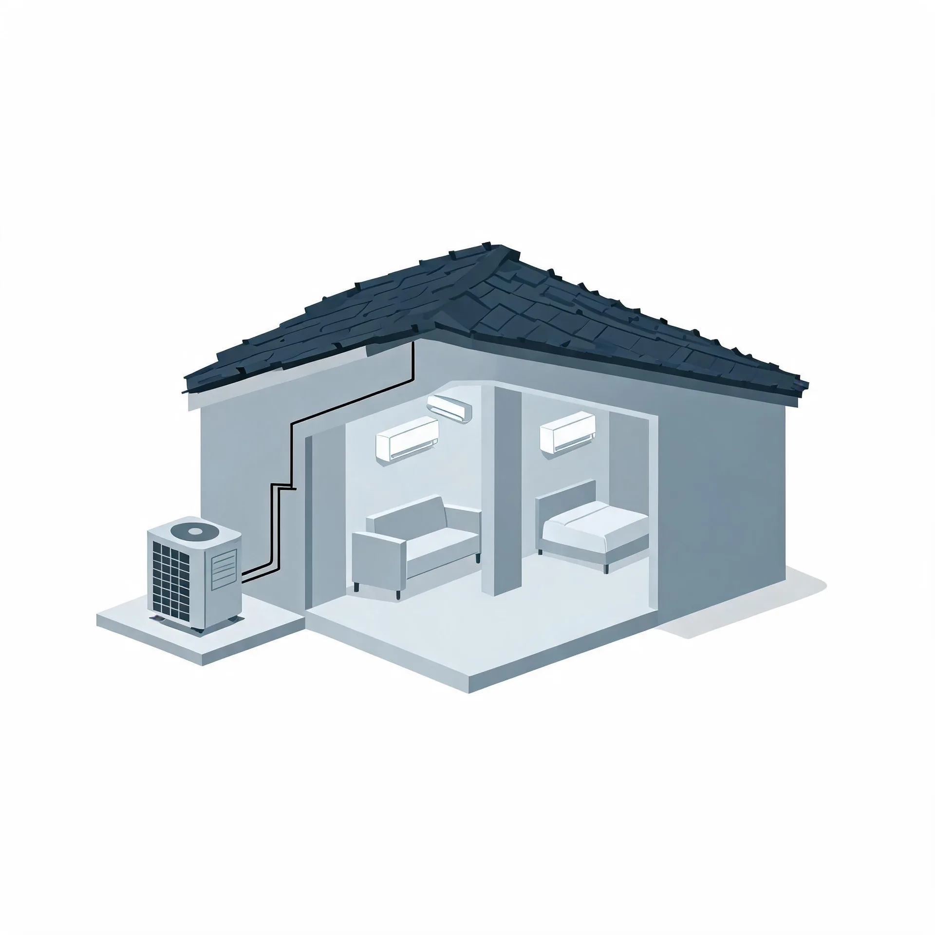 Isometric illustration of a cutaway single-story house with a dark shingled roof, showing three wall-mounted indoor air conditioning units in two rooms connected by lines to an outdoor condenser unit on a pad outside.