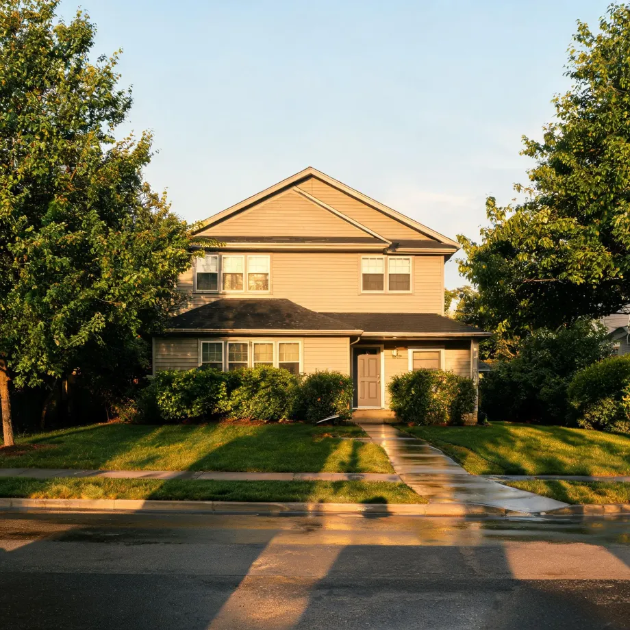 Two-story house with light-colored siding and a gabled roof, fronted by a lawn, trimmed shrubs, a concrete walkway, and large deciduous trees on both sides, photographed from across a street in low sunlight.