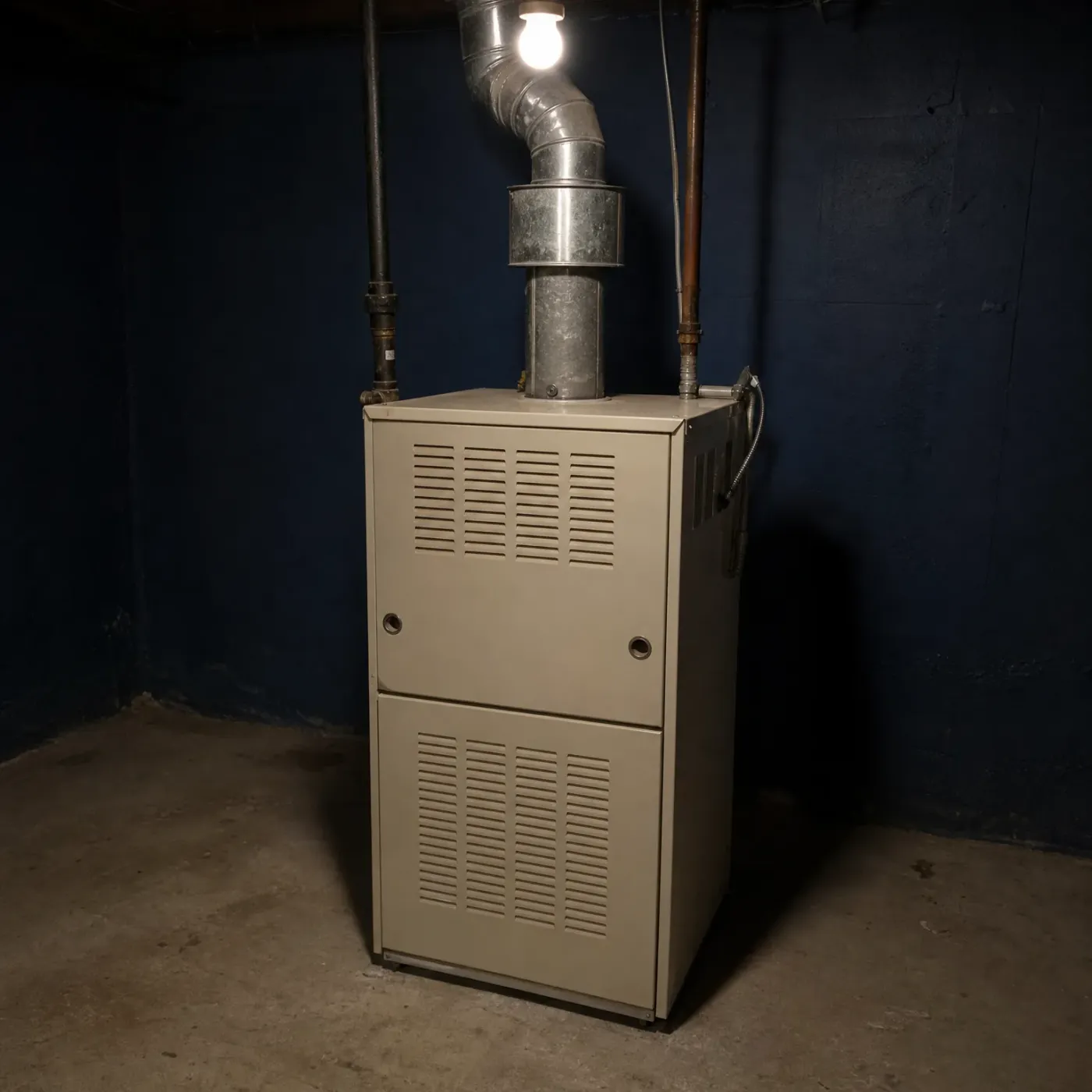 A beige residential furnace with louvered front panels stands in a basement corner with dark blue painted walls, connected to a galvanized metal flue pipe and flanked by vertical pipes, lit by a bare ceiling bulb.