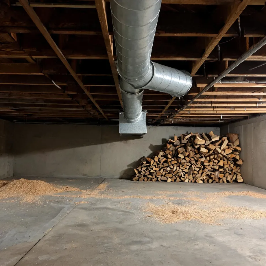 Unfinished basement with exposed wood floor joists, galvanized metal ductwork with a register boot, concrete walls and floor, a stacked pile of split firewood in the corner, and sawdust scattered on the floor.