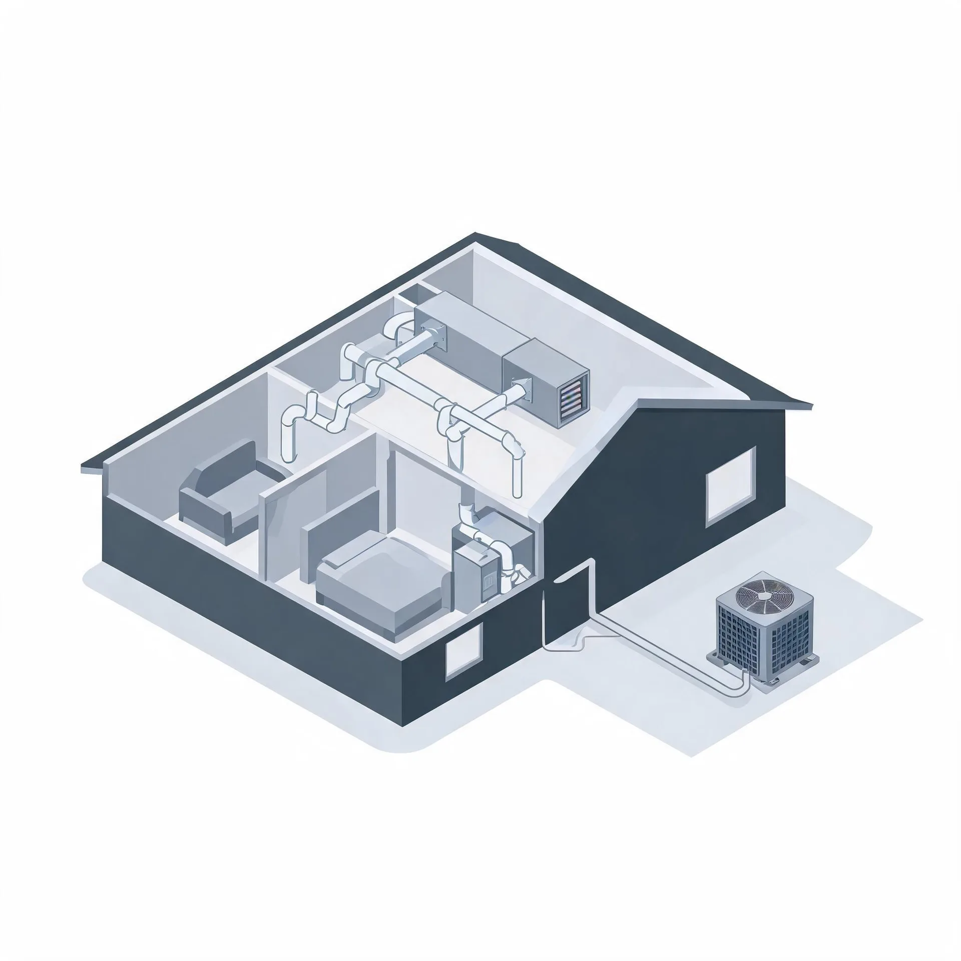 Isometric cutaway illustration of a house showing interior ductwork, an air handler and furnace unit, and an outdoor condenser connected by lines outside the wall.