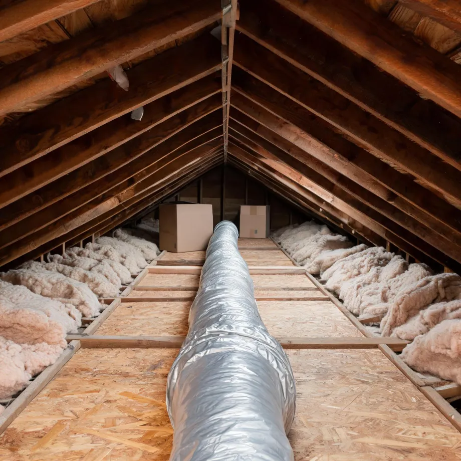 Attic interior with exposed wooden rafters, an insulated flexible duct running along a plywood floor, fiberglass batt insulation at the eaves, and two cardboard boxes at the far end.
