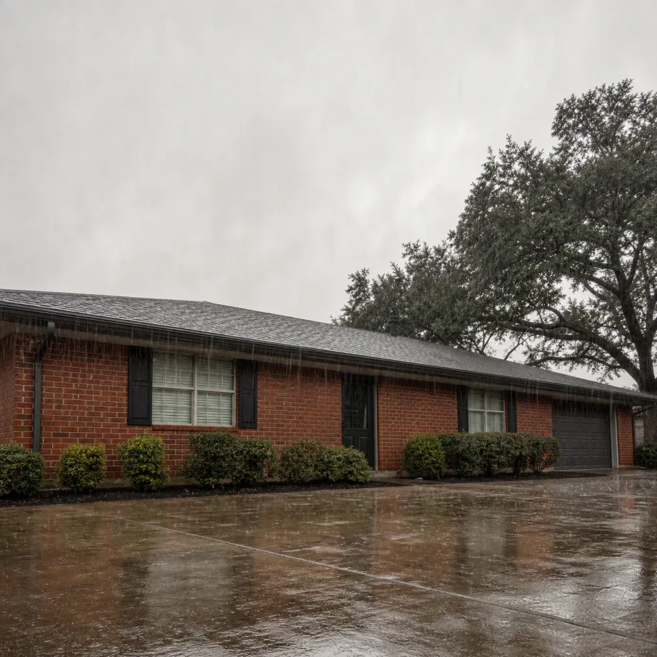 A single-story red brick house with black shutters, a dark garage door and low shrubs, seen during rain with water streaming off the roof edge and pooling on the wet concrete driveway, with a large tree at right under an overcast sky.