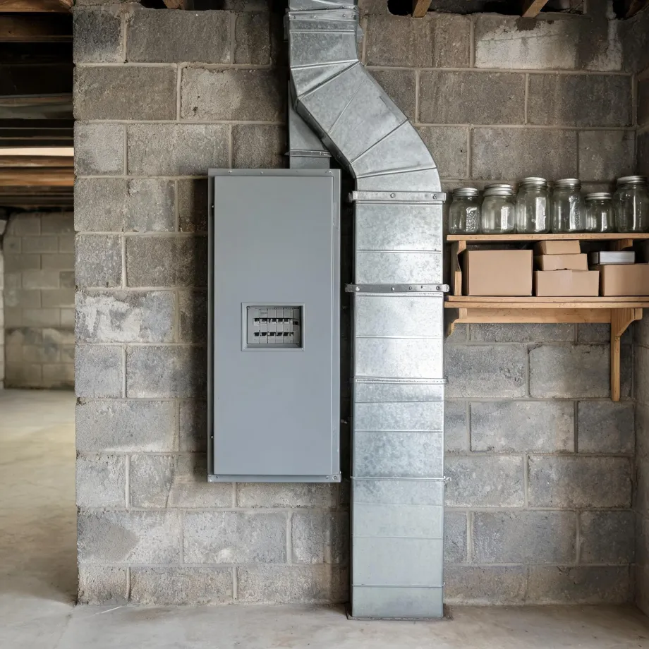 A gray electrical panel mounted on a concrete block basement wall beside a galvanized sheet metal duct running from ceiling to floor, with a wooden shelf holding glass jars and cardboard boxes to the right.