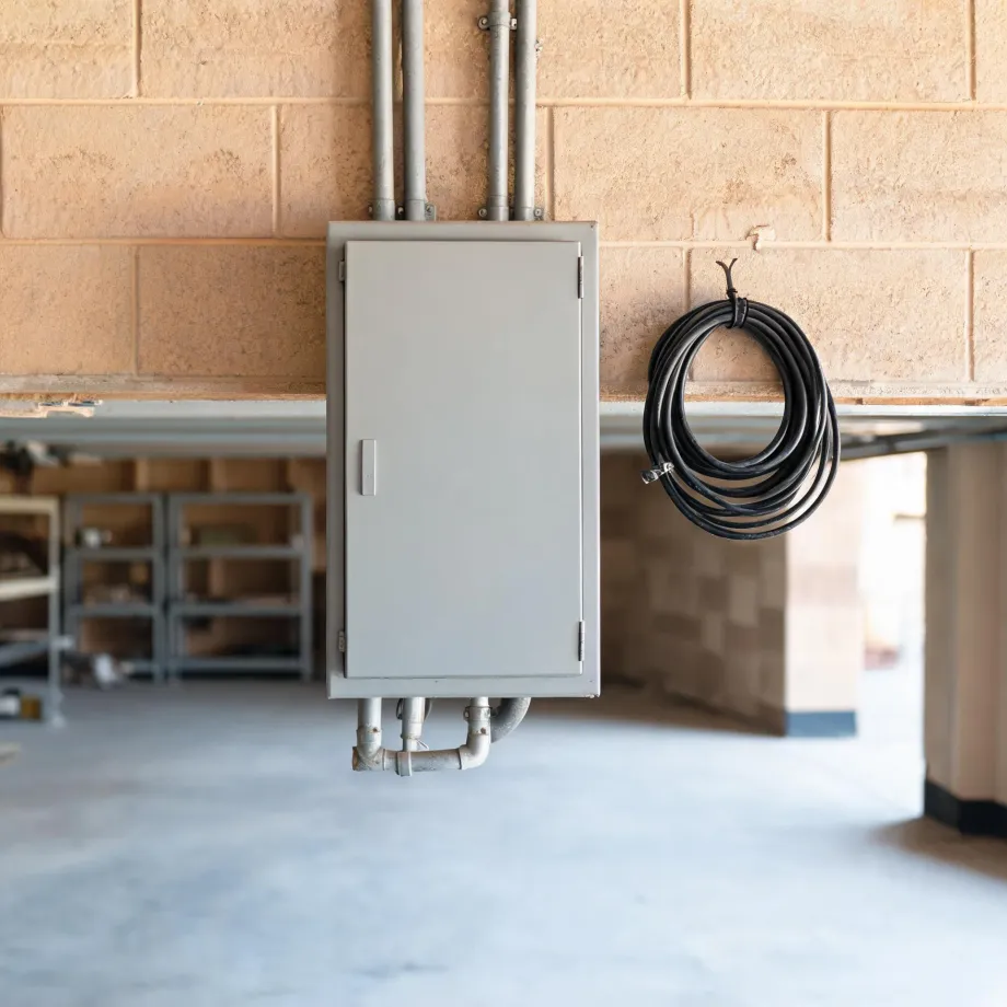 A gray metal electrical panel box with conduit pipes mounted on a tan concrete block wall, with a coiled black cable hanging on a hook to the right and a concrete floor below.