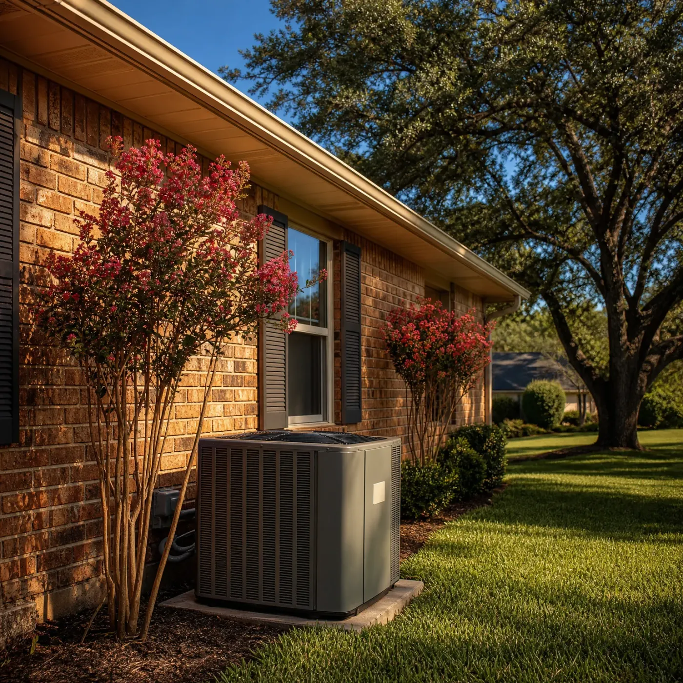 An outdoor air conditioning condenser unit sits on a concrete pad beside a brick house with shuttered windows, next to a flowering pink crape myrtle, with a lawn and large shade tree in the background.