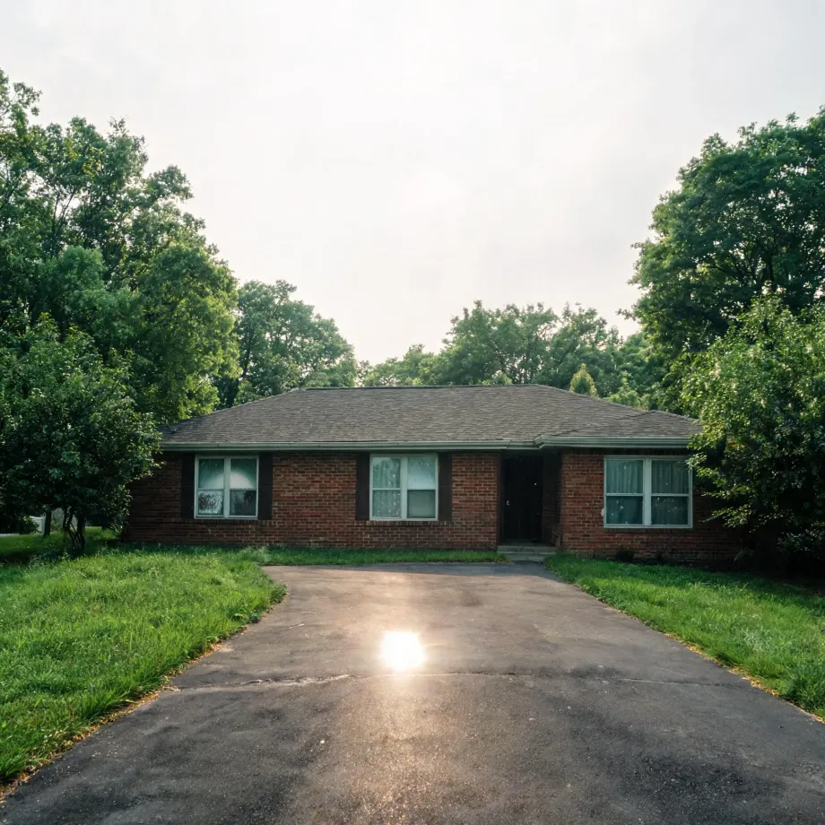 A single-story brick ranch house with a shingled hip roof and dark front door, fronted by a wide asphalt driveway with sun glare, flanked by grass and leafy trees under a pale overcast sky.